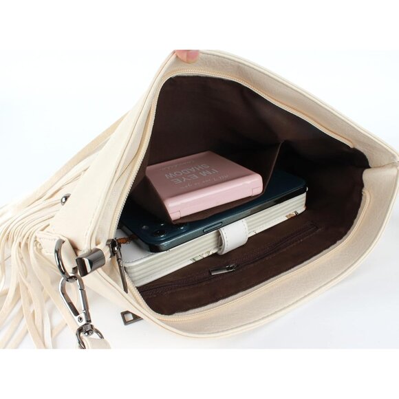 Women’s Leather Fringe Hobo Crossbody Bag Small Tassel Shoulder Purse - Picture 5 of 6